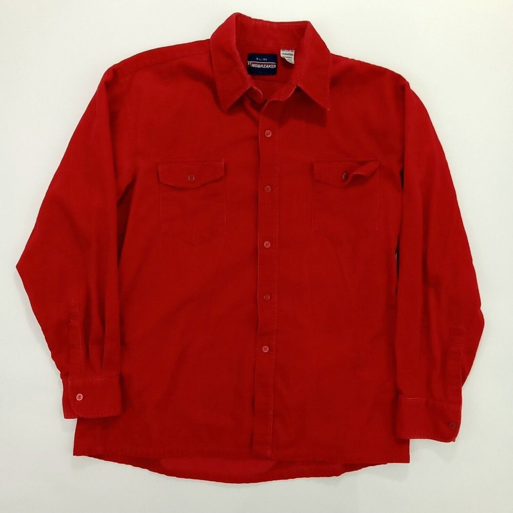 Vintage Windbreaker Corduroy Men's Button Up Shirt Size L Red 16-16 1/2